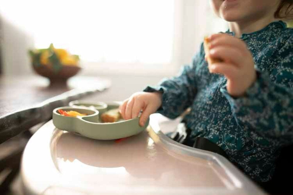Small child eating from a high chair 